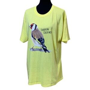 New Hand Printed Mens Large European Goldfinch Ukraine Artisf Fundraiser Tee